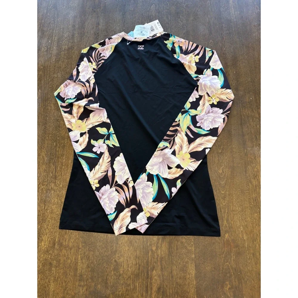 Billabong Shadow Tropic Rash Guard Long Sleeve Floral Swim Top Black Multi M